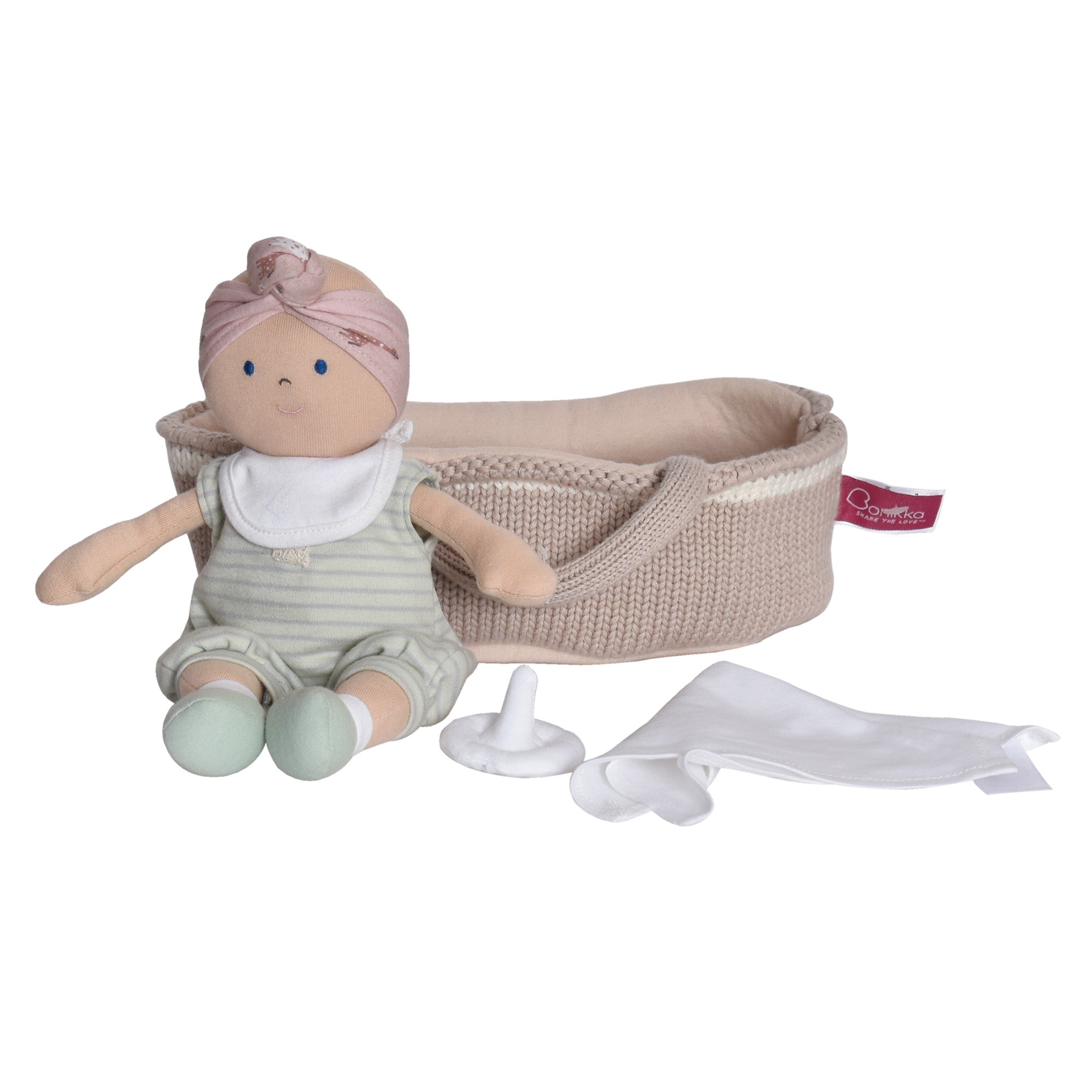 Knitted Carry Cot with Remi Baby Light Skin, Soother & Blanket - Tikiri Toys Sri Lanka