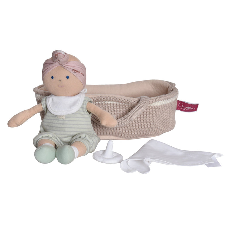 Knitted Carry Cot with Remi Baby Light Skin, Soother & Blanket - Tikiri Toys Sri Lanka