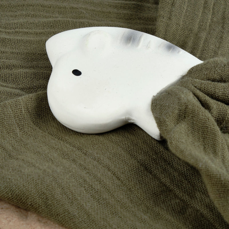 Zebra Comforter Cypress Green Muslin with Organic Natural Rubber Teether