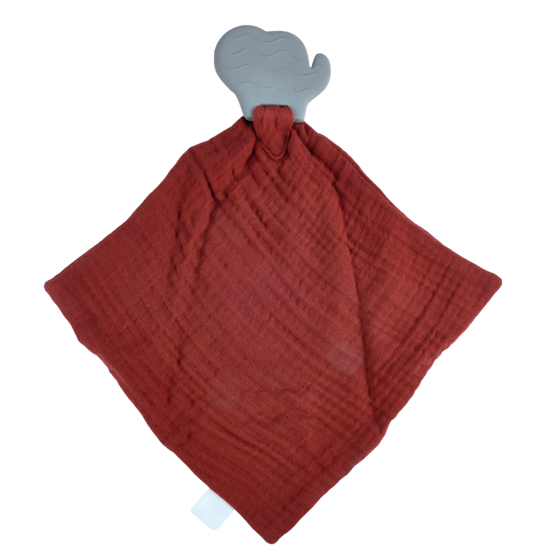 Elephant Barn Red Organic Muslin Comforter with Organic Natural Rubber Teether - Tikiri Toys Sri Lanka
