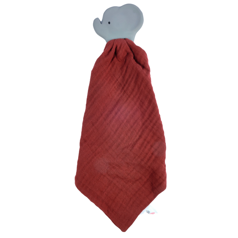 Elephant Barn Red Organic Muslin Comforter with Organic Natural Rubber Teether - Tikiri Toys Sri Lanka