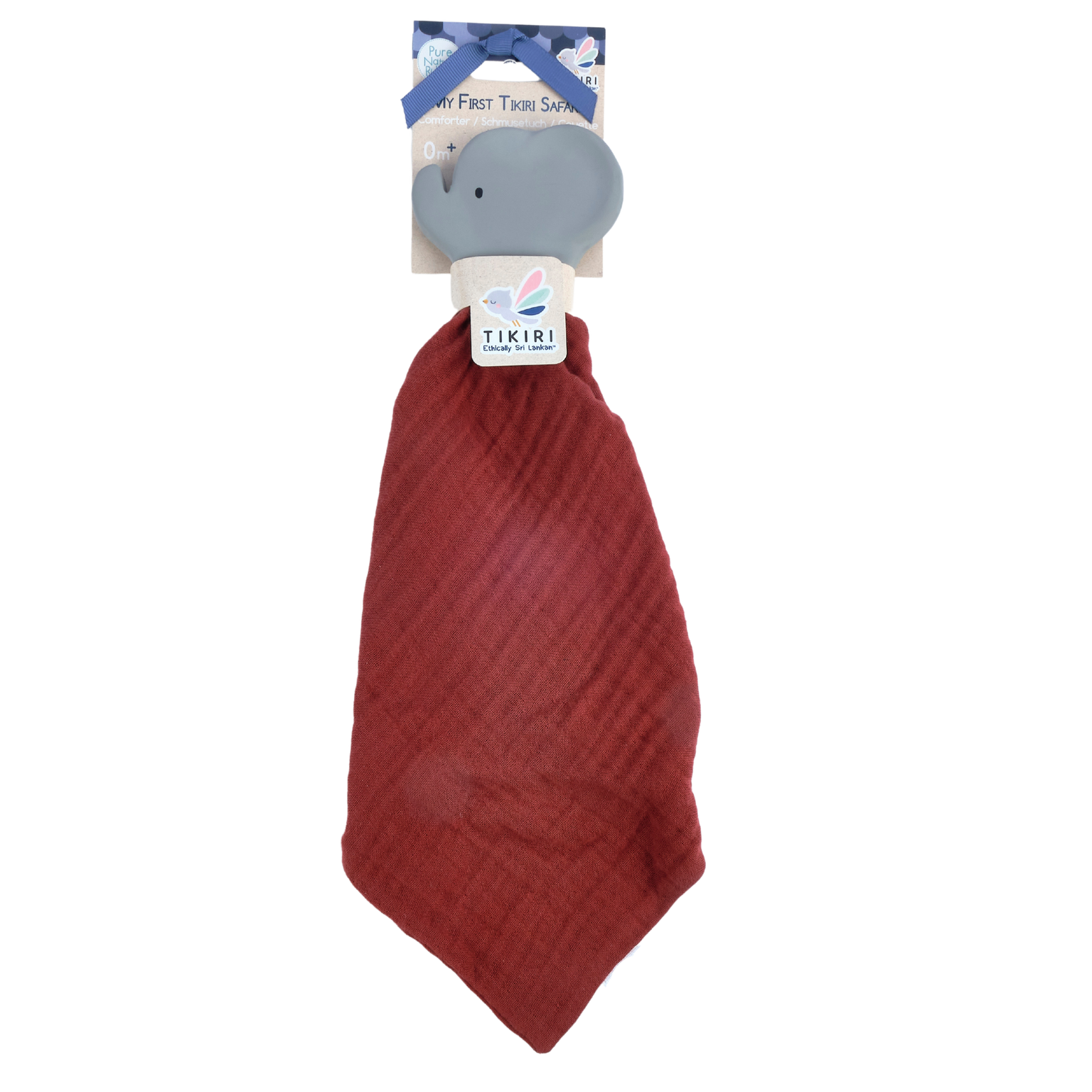 Elephant Barn Red Organic Muslin Comforter with Organic Natural Rubber Teether - Tikiri Toys Sri Lanka