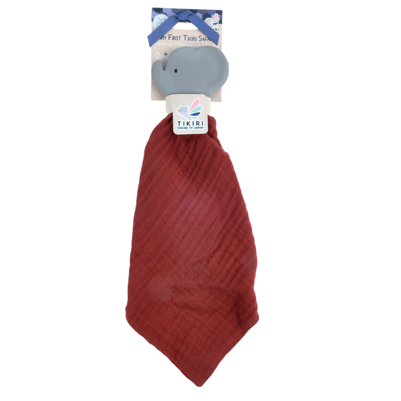 Elephant Barn Red Organic Muslin Comforter with Organic Natural Rubber Teether - Tikiri Toys Sri Lanka