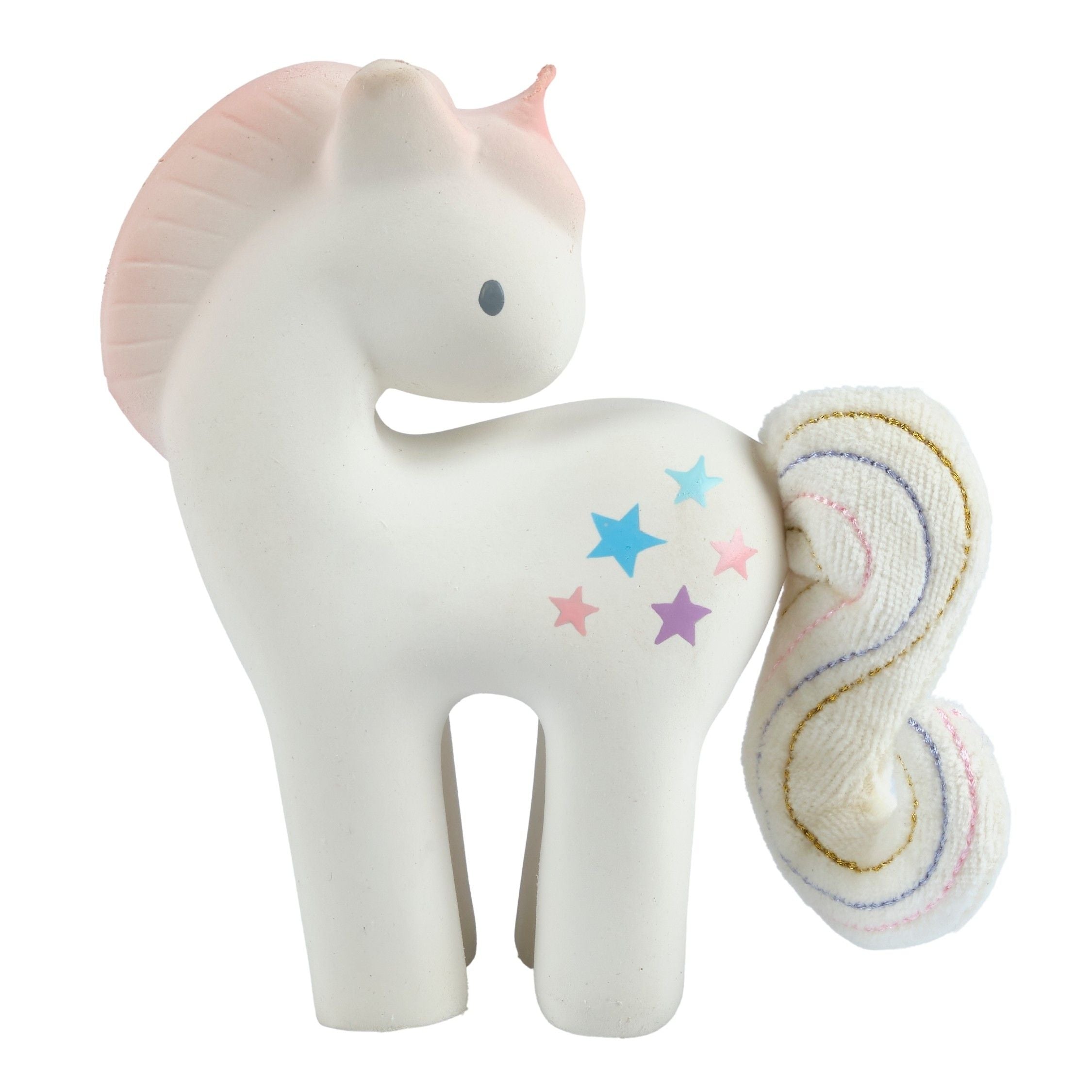 Cotton Candy Unicorn - Organic Natural Rubber Rattle with Crinkle Tail - Tikiri Toys Sri Lanka