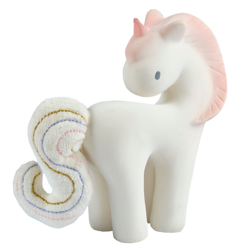 Cotton Candy Unicorn - Organic Natural Rubber Rattle with Crinkle Tail - Tikiri Toys Sri Lanka