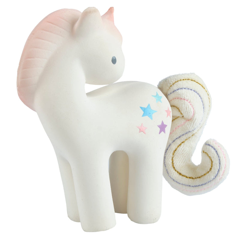 Cotton Candy Unicorn - Organic Natural Rubber Rattle with Crinkle Tail - Tikiri Toys Sri Lanka