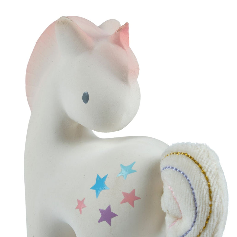Cotton Candy Unicorn - Organic Natural Rubber Rattle with Crinkle Tail - Tikiri Toys Sri Lanka