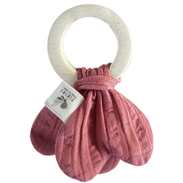 Organic Natural Rubber Teething ring - with Dusty Rose Muslin Tie