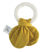 Organic Natural Rubber Teething Ring with Mustard Yellow Muslin Tie