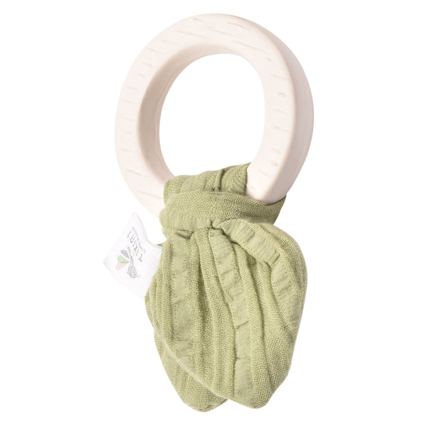 Organic Natural Rubber Teething Ring- with Olive Green Muslin Tie