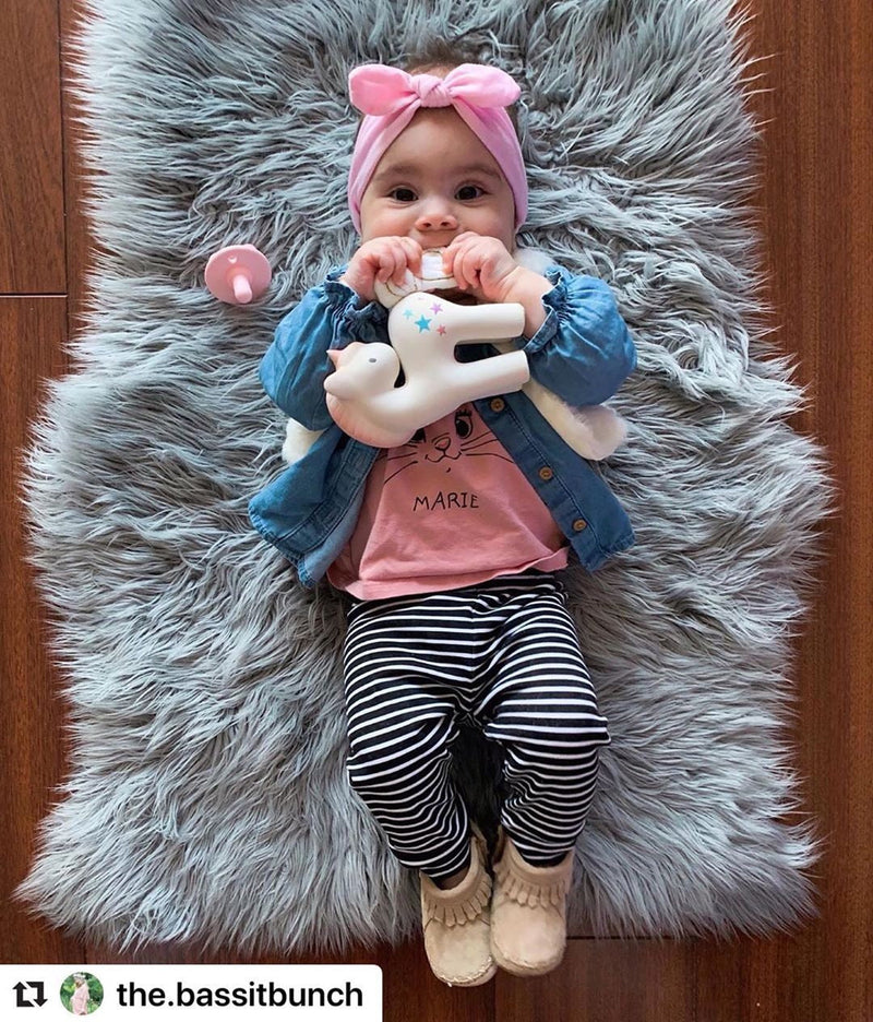 Cotton Candy Unicorn - Organic Natural Rubber Rattle with Crinkle Tail - Tikiri Toys Sri Lanka