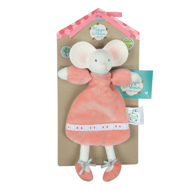 Meiya the Mouse Velour Lovey with Organic Natural Rubber Teether Head